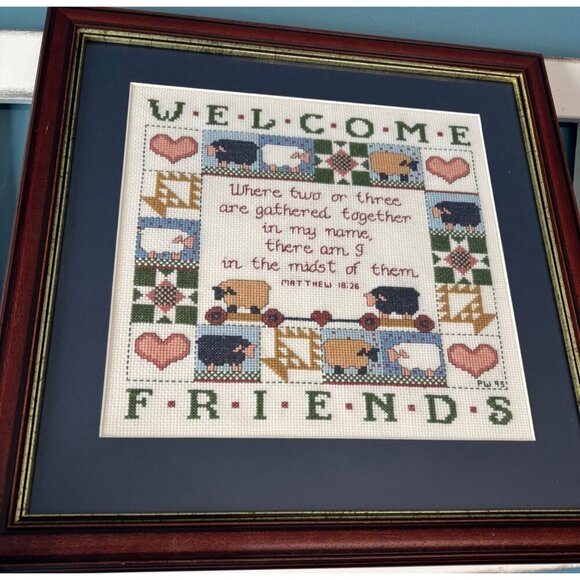 Framed Welcome Friends Cross Stitch With Matthew 18:26 Verse Handmade - Picture 1 of 5